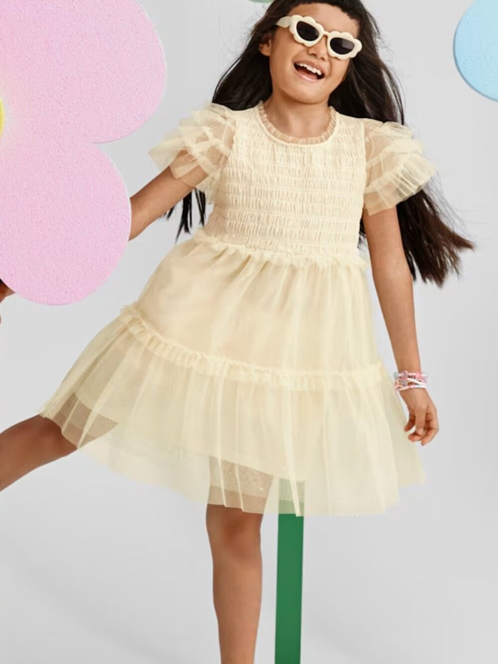 NEW Children's Place Girls Glitter Smocked Mesh Ruffle Dress Yellow M(7/8)